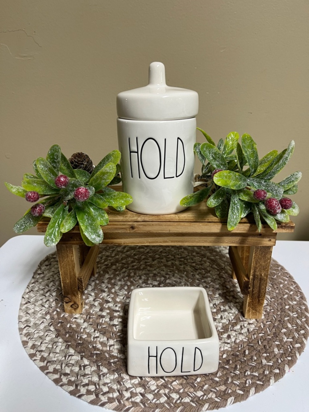 Rae Dunn two pc “Hold” Ceramic jar container & paper clip holder
